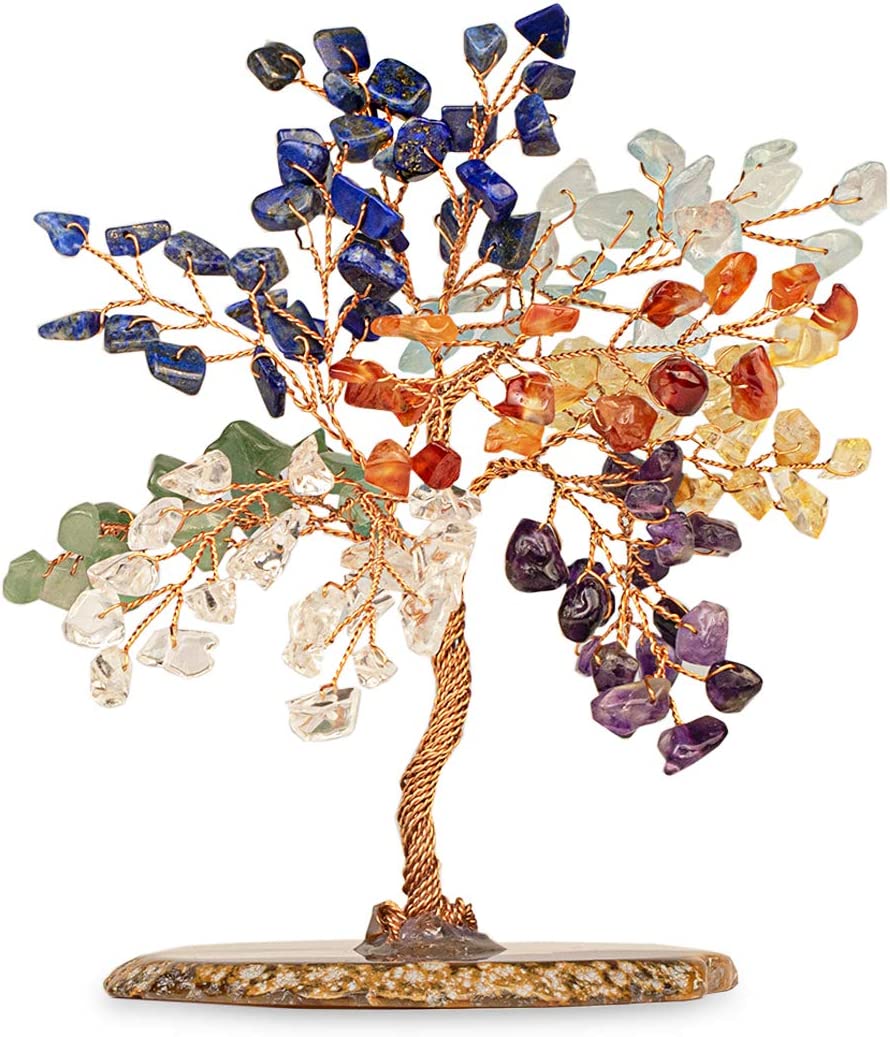 Original Chakra Stones Feng Shui Small Tree of Life to Manifest Your Dreams Hand-Wrapped with Copper Wire on Natural Agate Base Handmade in Bali