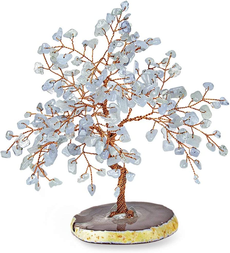 Real Aquamarine Stone Feng Shui Tree of Life to Manifest Your Dreams Hand-Wrapped with Copper Wire on Agate Base Handmade in Bali